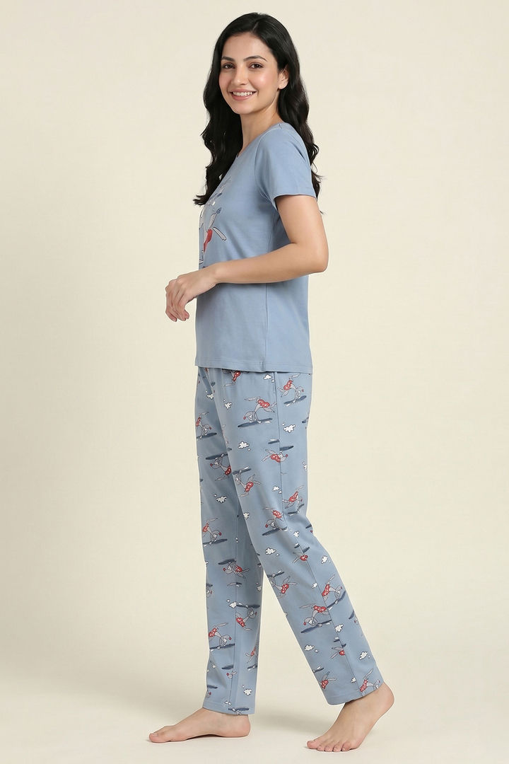 Zivame Farm Lore Knit Cotton Pyjama Set - Ashley Blue — image 3